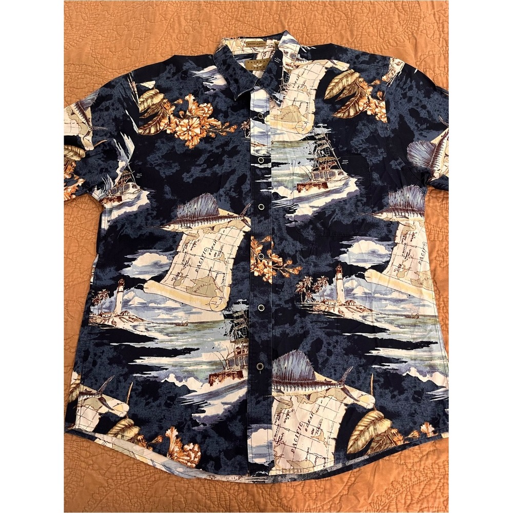 Navy Nautical M Short-Sleeve Button-Down Shirt 100 Cotton Resort Beach Cruise